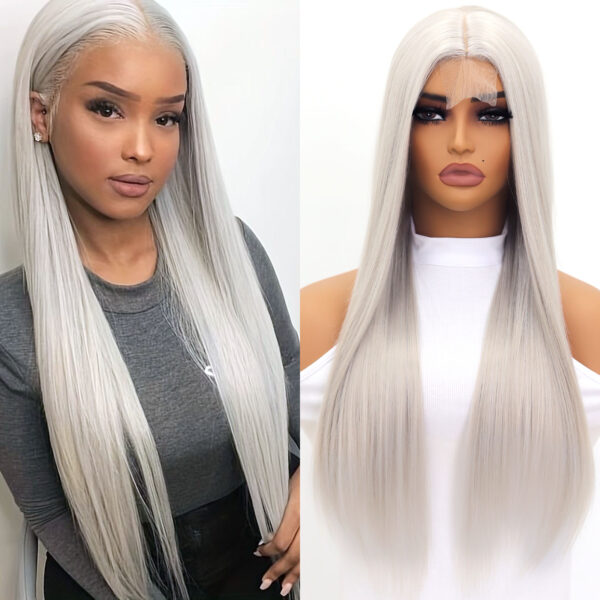 Synthetic Fiber Wig Wholesale Bulk Sale Factory High Quality Lace Front Wig Silver Straight  Glueless Wigs