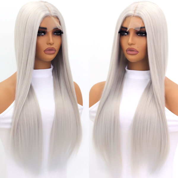 Synthetic Fiber Wig Wholesale Bulk Sale Factory High Quality Lace Front Wig Silver Straight  Glueless Wigs - Image 3