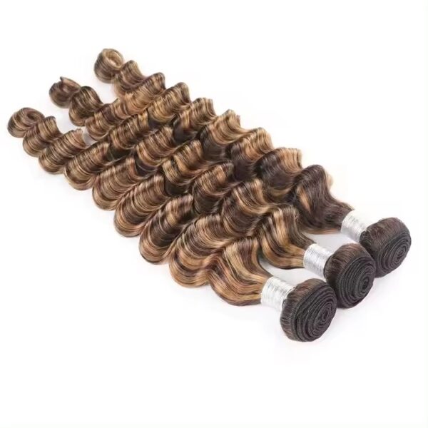 Hair Extensions Wholesale Bulk Sale Factory High Quality invisible cuticle aligned Hair Bundles Double Drawn 100% Remy Virgin Human Light Brown and Nature Brown Highlight Deep Wave Hair - Imagen 5